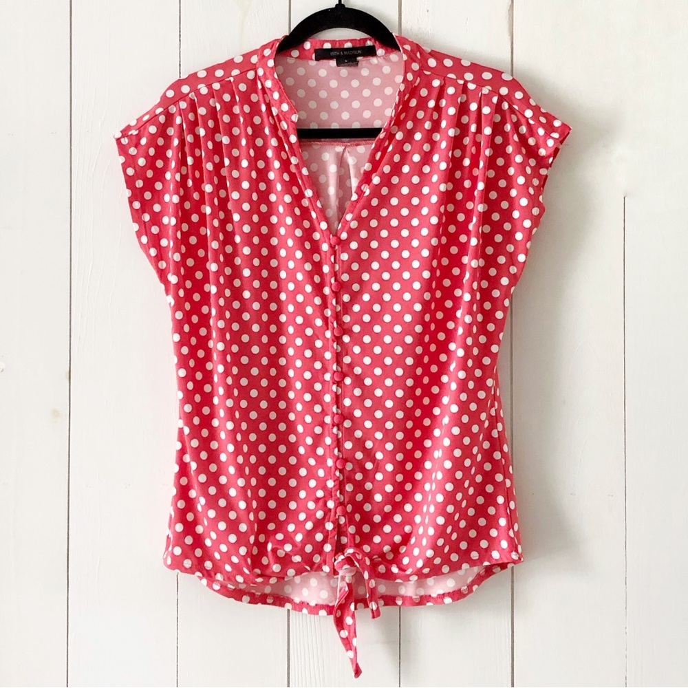 89th & Madison White Polka Dots Coral Knot Retro Vibes Blouse Size Small